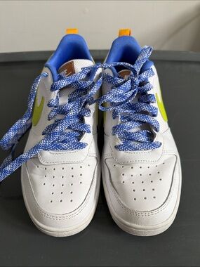 Nike Court Borough 2 Low 4.5Y White Sneakers w Blue Laces & Neon Yellow Swoosh